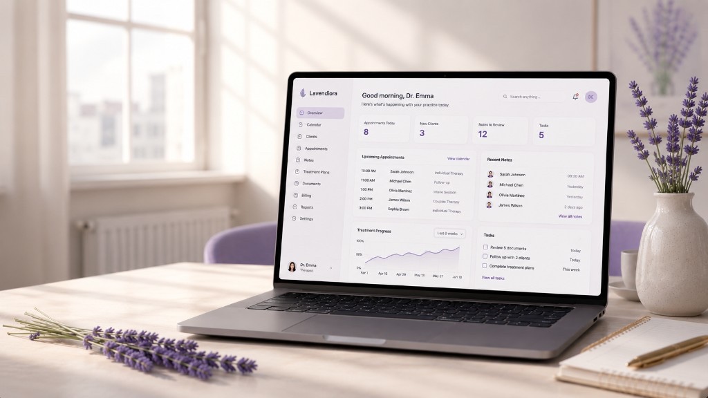 Lavendiora dashboard on a laptop — appointments, notes, and treatment progress